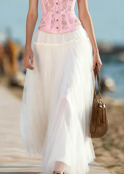 Art Beige Solid Elastic Waist Tulle Skirts Summer
