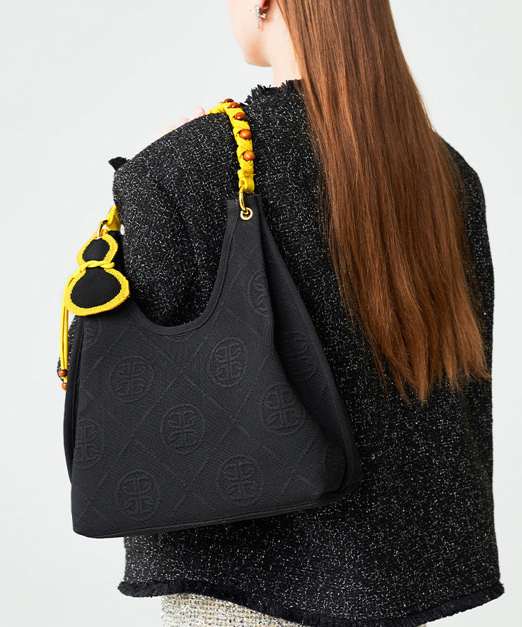 Art Black Jacquard Tasseled Cotton Women Handbag