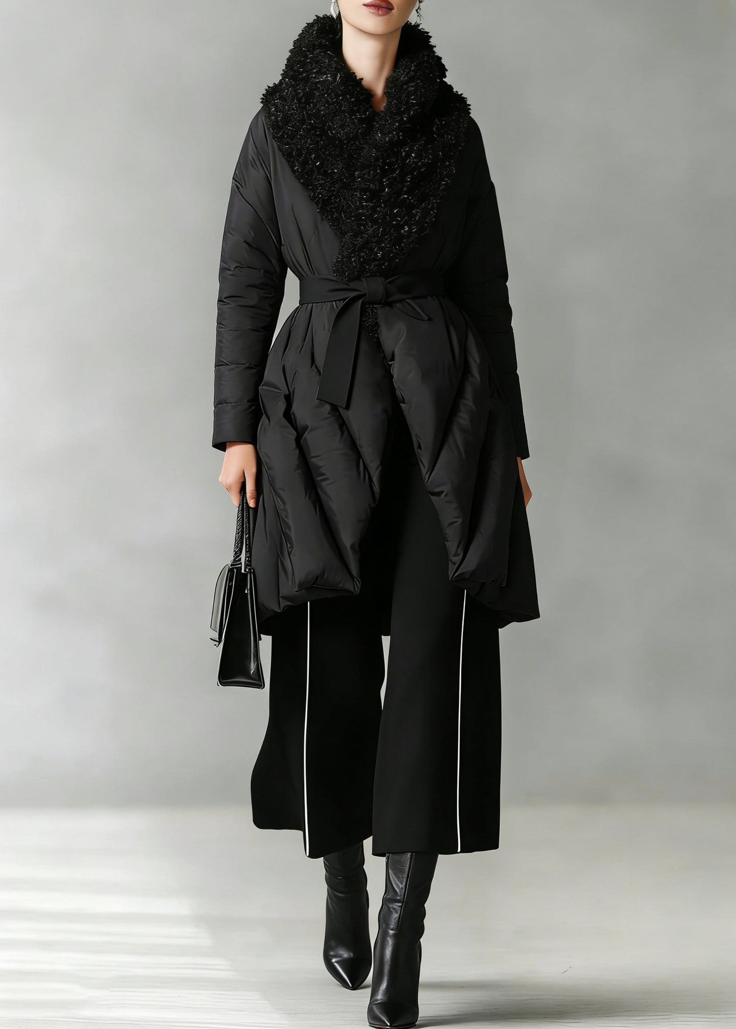 Art Black Patchwork Faux Fur Peter Pan Collar Cotton Winter Down Coat