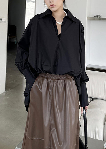 Art Black Peter Pan Collar Asymmetrical Cotton Shirts Long Sleeve