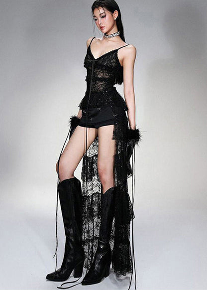 Art Black Tasseled Low High Design Lace Long Dress Summer