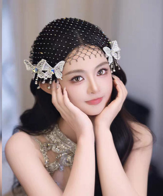 Art Black Tulle Zircon Butterfly HairPiece