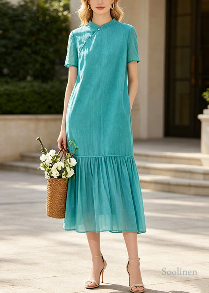 Art Blue Mandarin Collar Patchwork Cotton Long Dresses Summer
