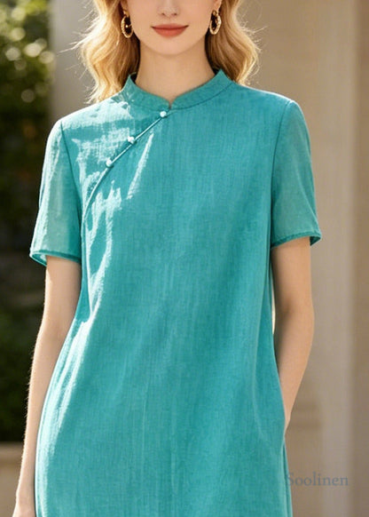 Art Blue Mandarin Collar Patchwork Cotton Long Dresses Summer