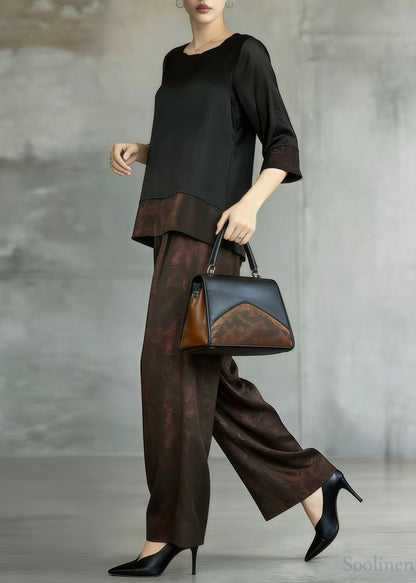Art Brown Oversized Patchwork Silk Two Pieces Set Summer