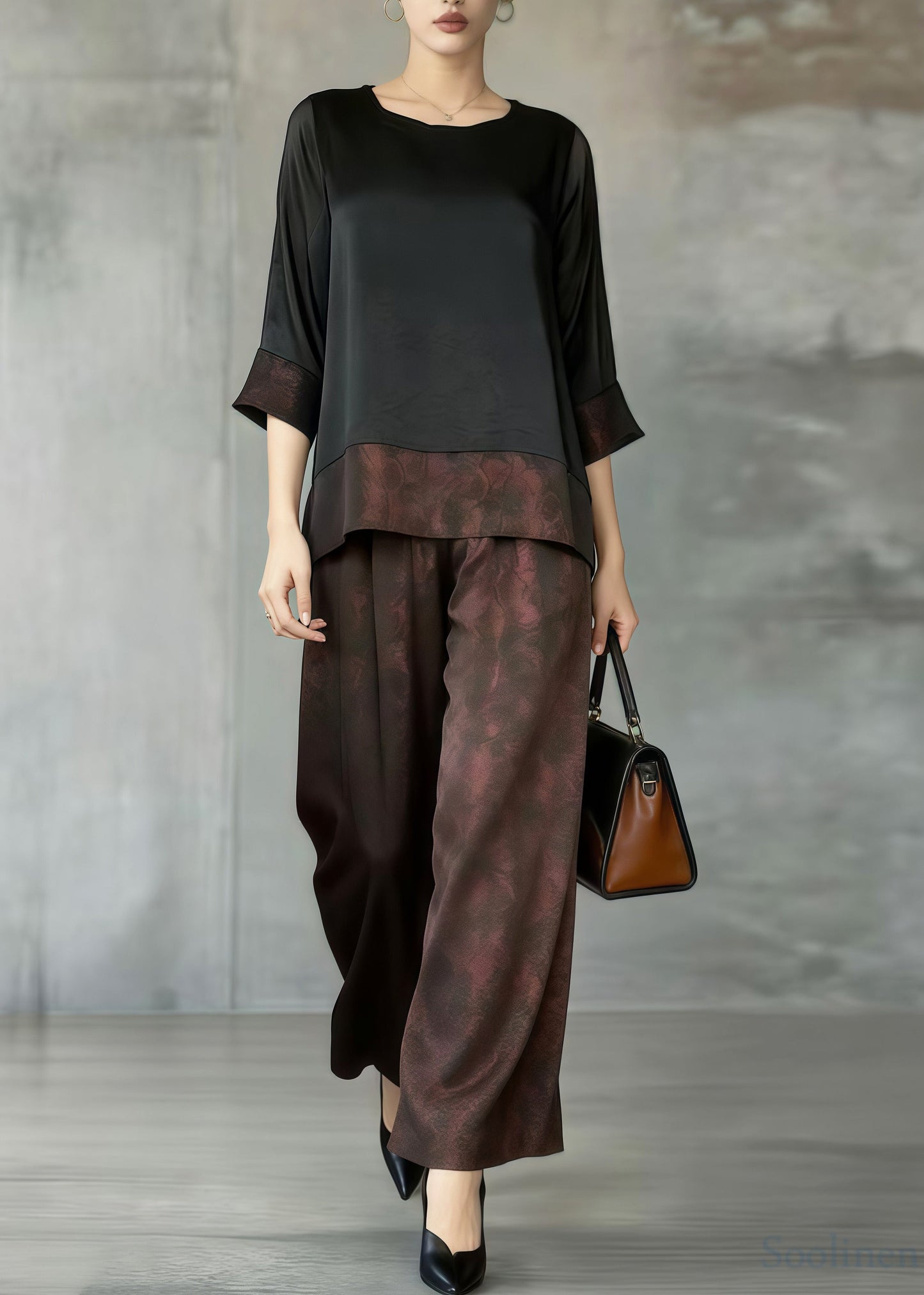 Art Brown Oversized Patchwork Silk Two Pieces Set Summer