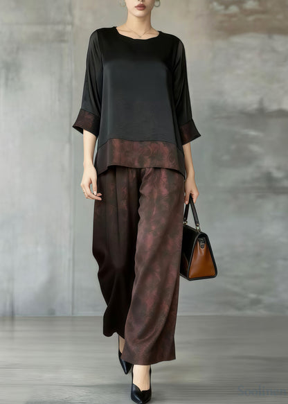 Art Brown Oversized Patchwork Silk Two Pieces Set Summer