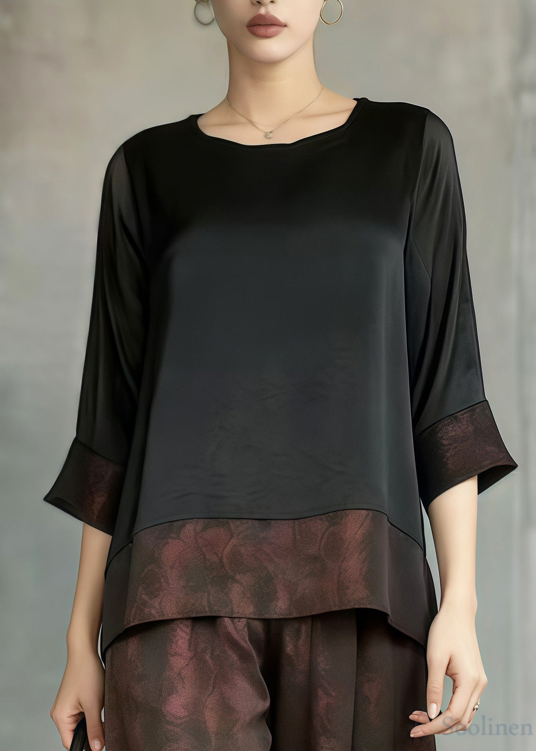 Art Brown Oversized Patchwork Silk Two Pieces Set Summer