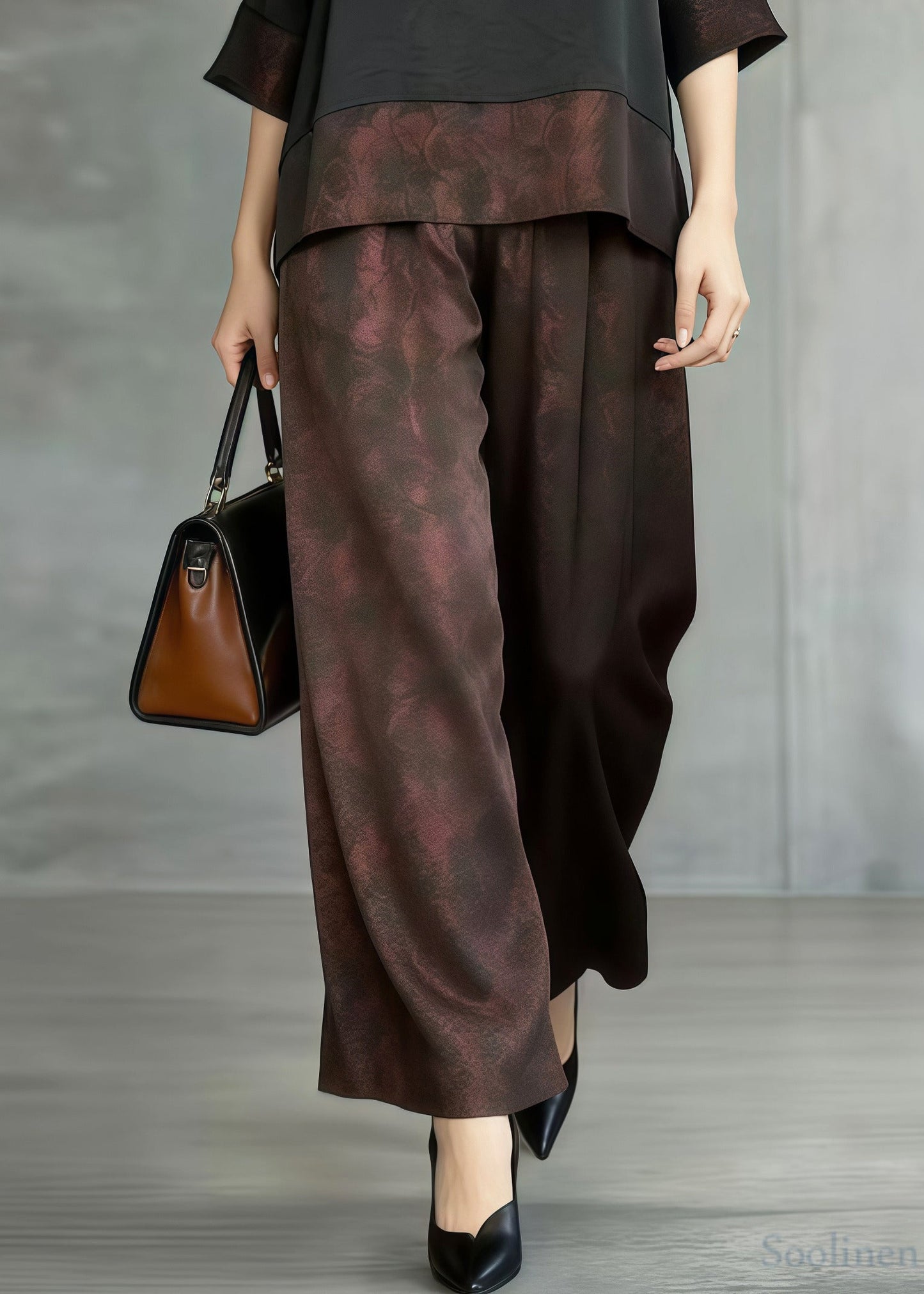 Art Brown Oversized Patchwork Silk Two Pieces Set Summer