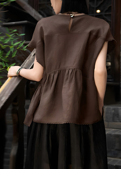 Art Brown Oversized Patchwork Wrinkled Linen Tank Tops Summer