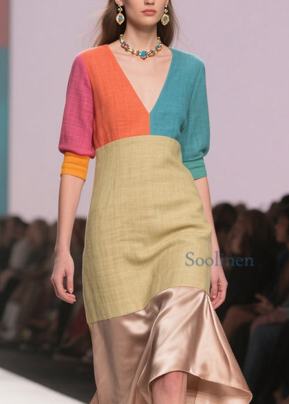 Art Colorblock Asymmetrical Design Patchwork Linen Silk Dress Summer