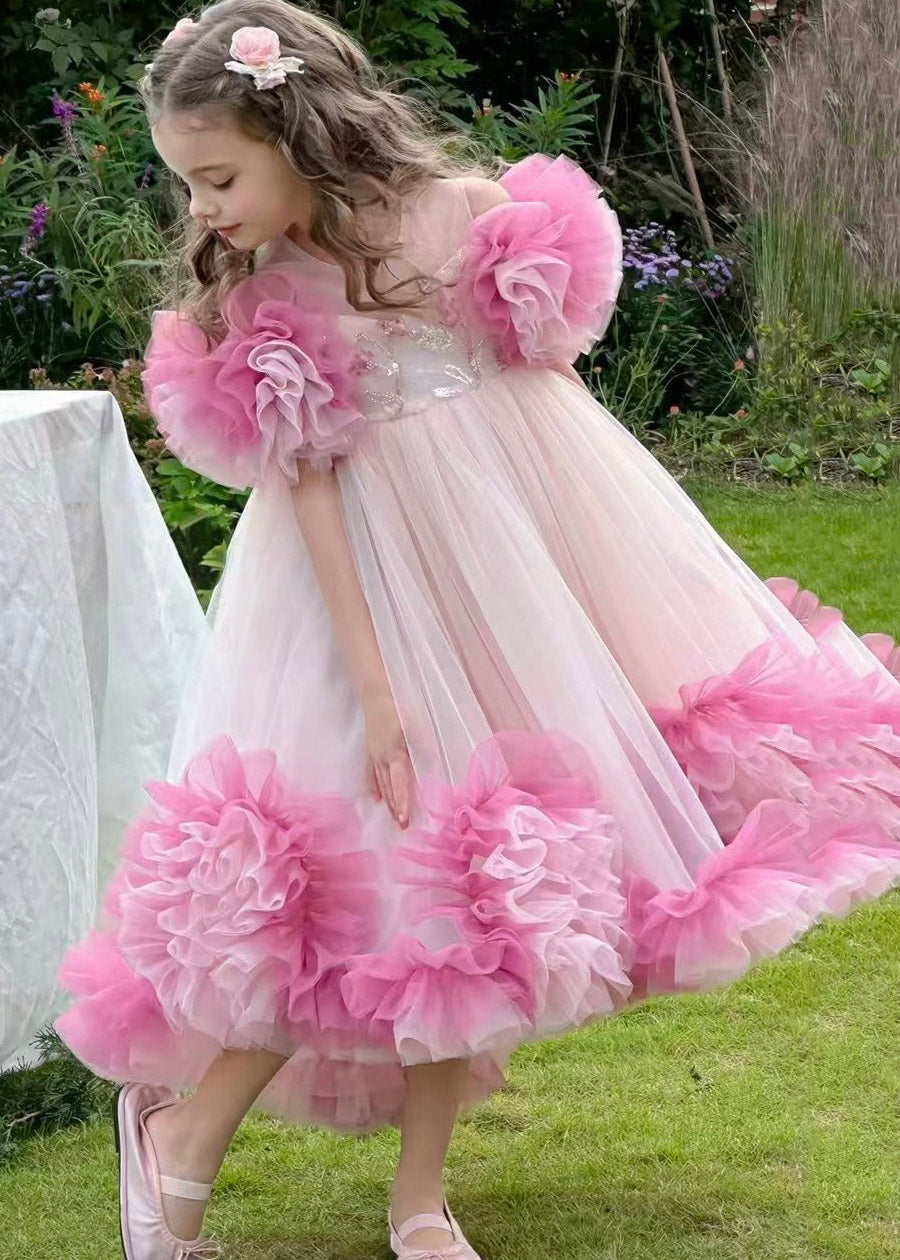 Art Colorblock Patchwork Floral Tulle Kids Maxi Dress Summer