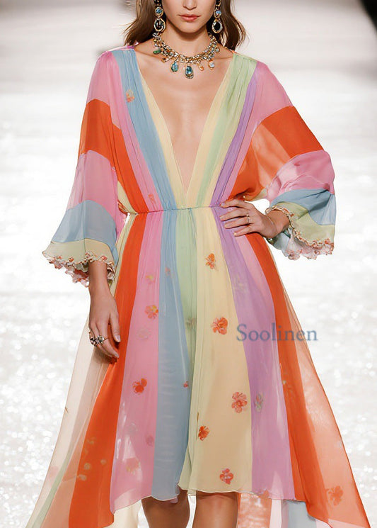 Art Colorblock V Neck Asymmetrical Design Chiffon Dresses Spring