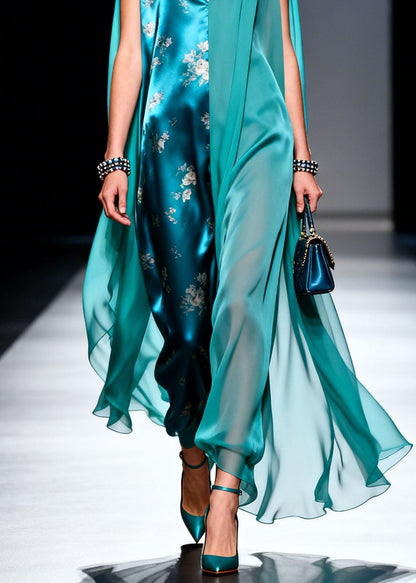 Art Colorblock V Neck Print Patchwork Chiffon Dresses Sleeveless