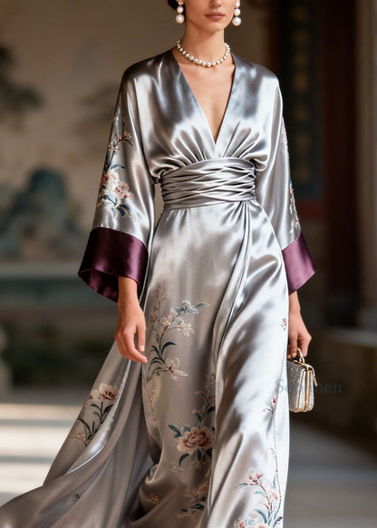Art Colorblock V Neck Print Patchwork Silk Dresses Summer