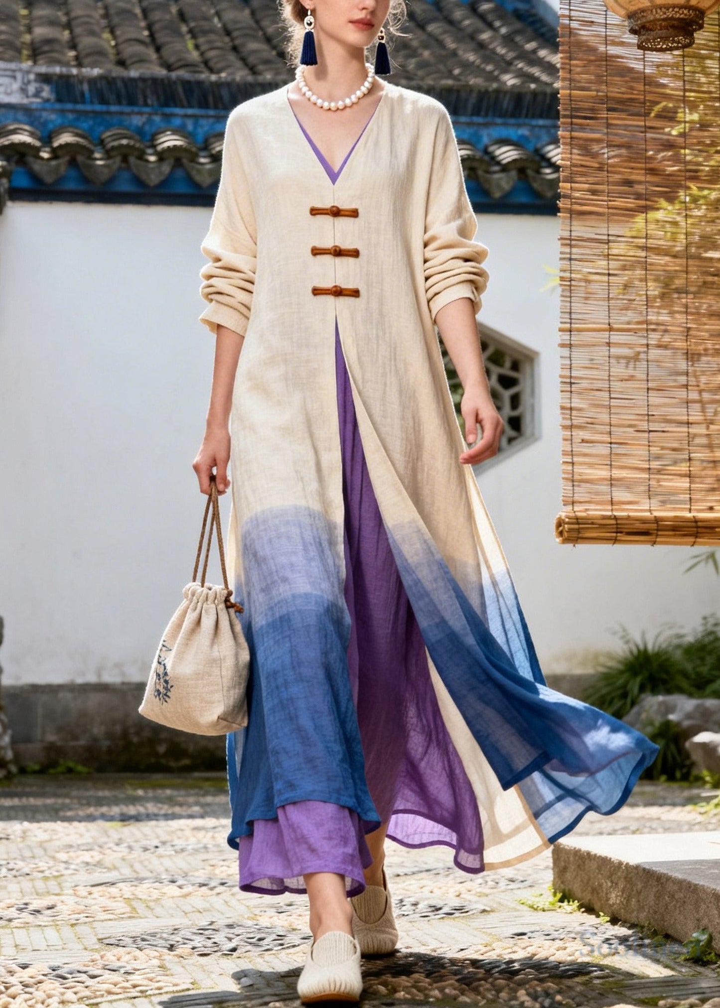 Art Gradient Color Side Open Chinese Button Cotton Dress Long Sleeve