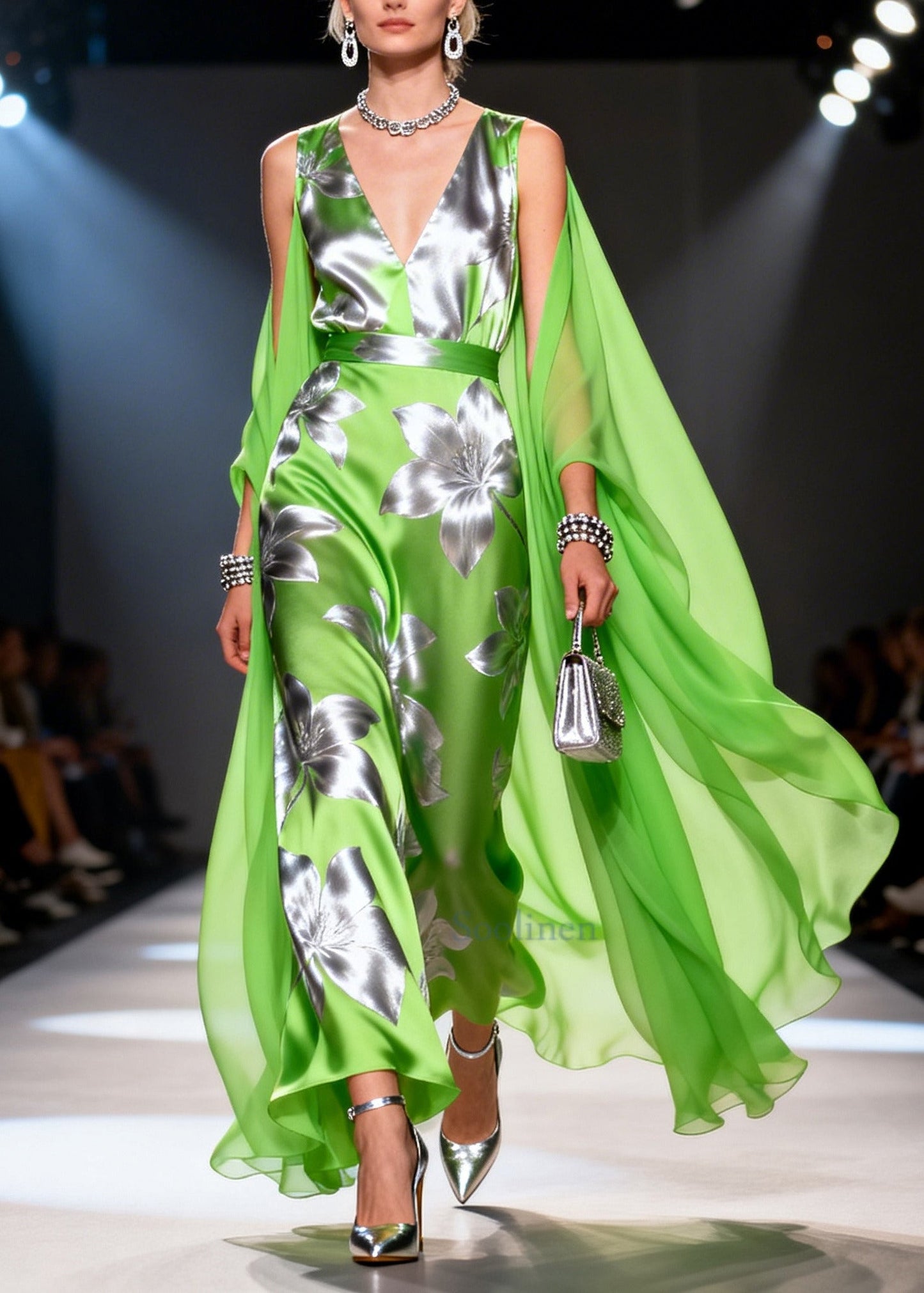 Art Grass Green Print Patchwork Chiffon Robe Dresses Summer