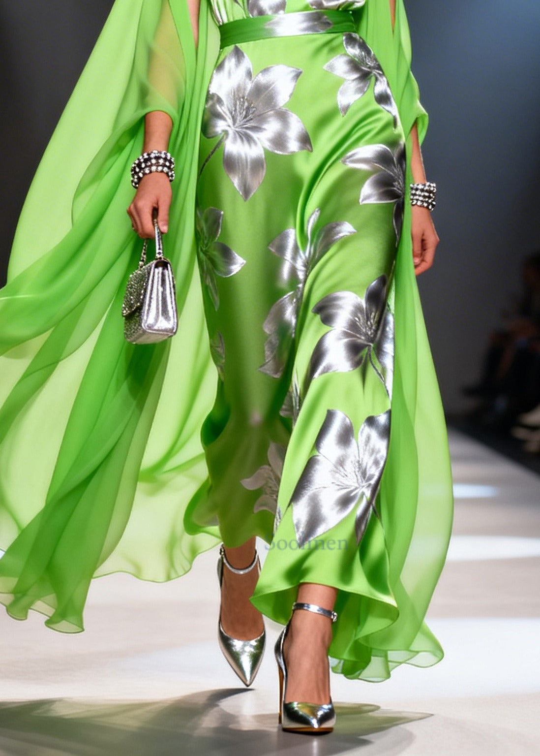 Art Grass Green Print Patchwork Chiffon Robe Dresses Summer