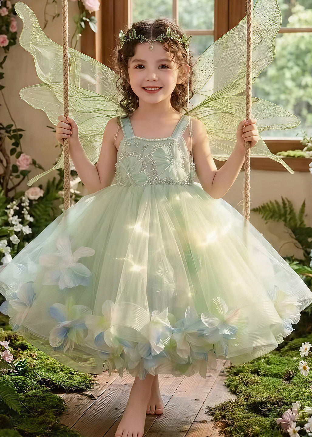 Art Green Embroideried Floral Tulle Baby Girls Cami Dress Summer
