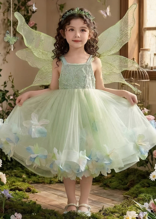 Art Green Embroideried Floral Tulle Baby Girls Cami Dress Summer