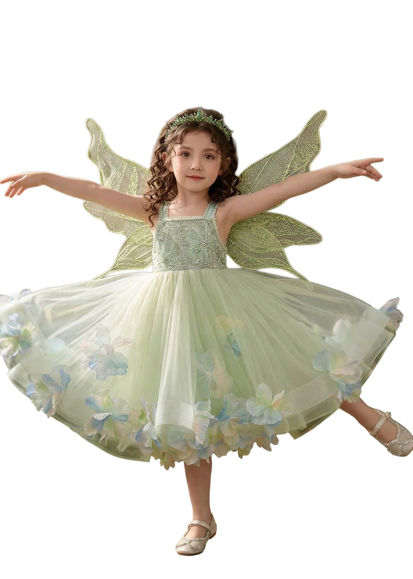 Art Green Embroideried Floral Tulle Baby Girls Cami Dress Summer