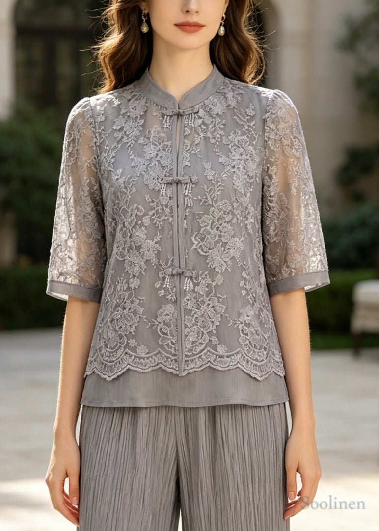 Art Grey Mandarin Collar Patchwork Lace Two Piece Set Outfits Summer