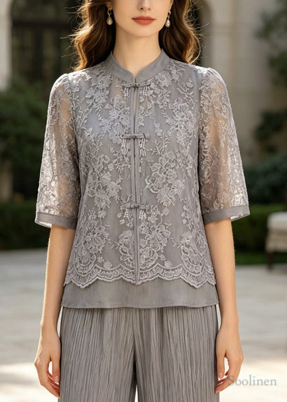 Art Grey Mandarin Collar Patchwork Lace Two Piece Set Outfits Summer