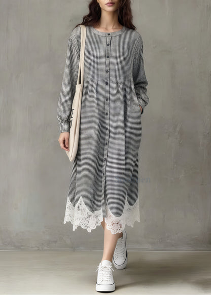 Art Grey Plaid Oversized Patchwork Lace A Line Dress Spring