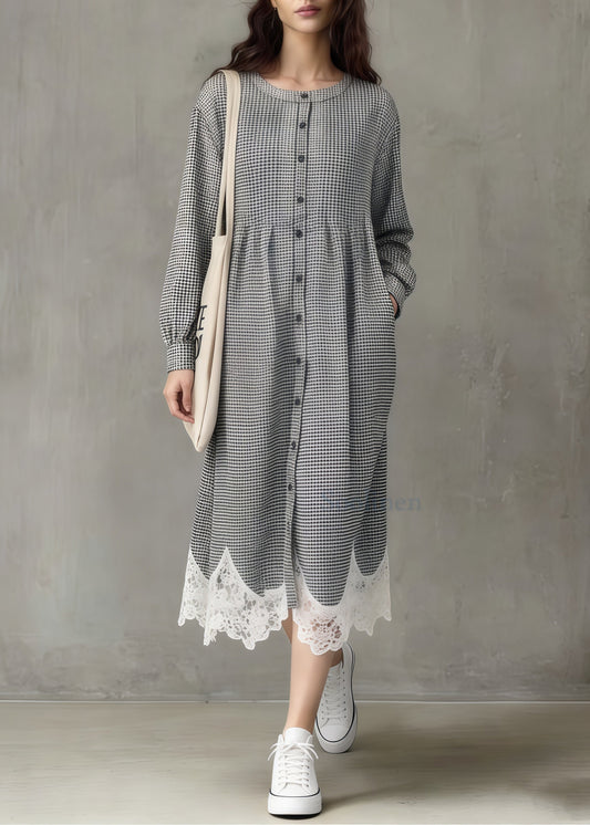 Art Grey Plaid Oversized Patchwork Lace A Line Dress Spring