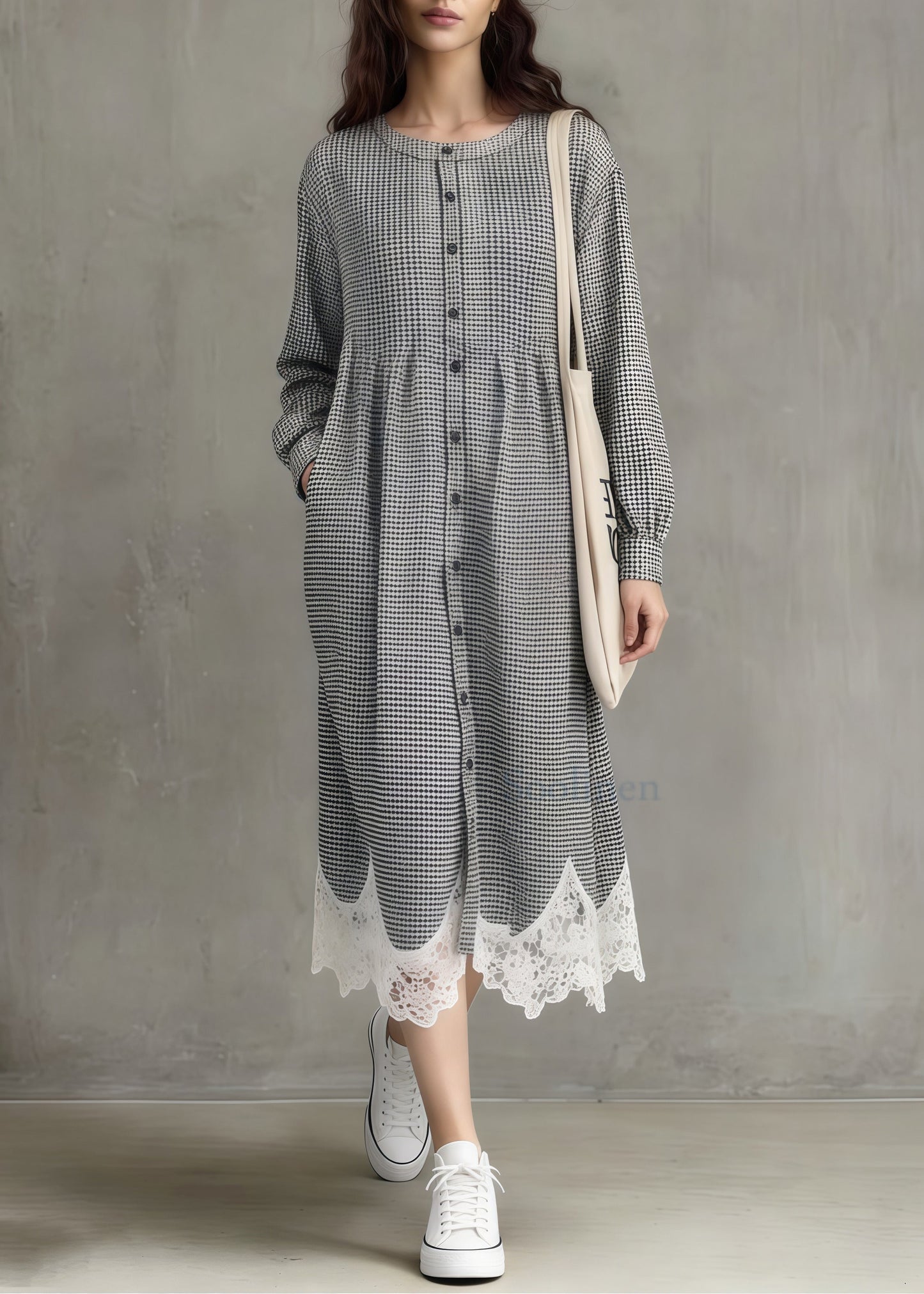 Art Grey Plaid Oversized Patchwork Lace A Line Dress Spring