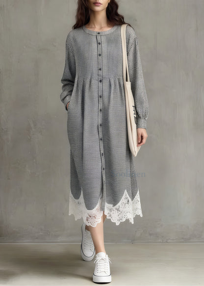 Art Grey Plaid Oversized Patchwork Lace A Line Dress Spring