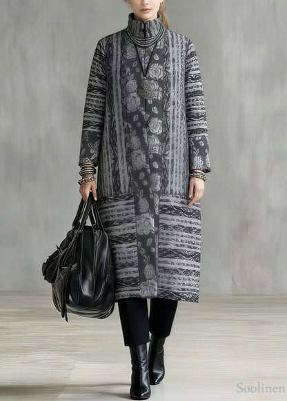 Art Grey Stand Collar Print Fine Cotton Filled Winter Coats