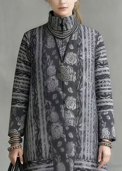 Art Grey Stand Collar Print Fine Cotton Filled Winter Coats
