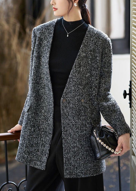 Art Grey V Neck Button Pockets Woolen Coat Fall