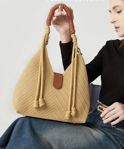 Art Khaki Hollow Out Tasseled Woven Shoulder Bags