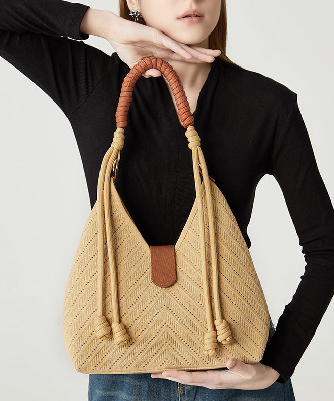 Art Khaki Hollow Out Tasseled Woven Shoulder Bags