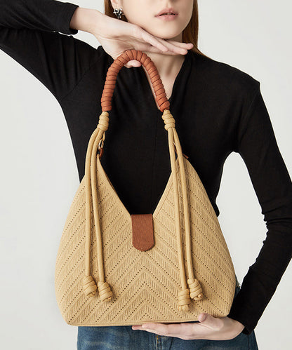 Art Khaki Hollow Out Tasseled Woven Shoulder Bags