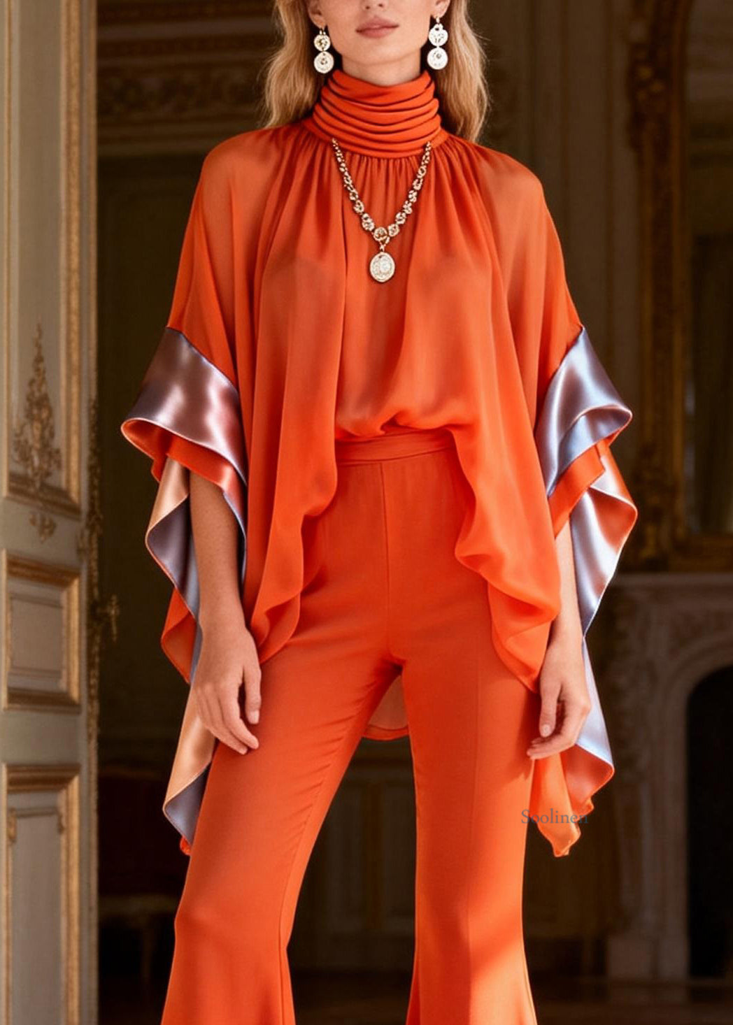 Art Orange Turtleneck Patchwork Chiffon Top And Flared Trousers Two Piece Set Flare Sleeve