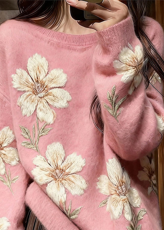 Art Pink O Neck Thick Floral Knit Sweaters Winter