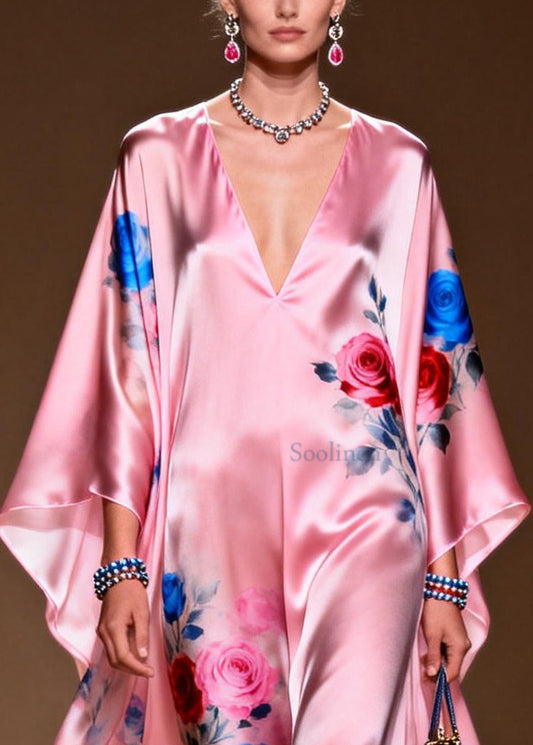 Art Pink Oversized Print Silk Party Dress Summer