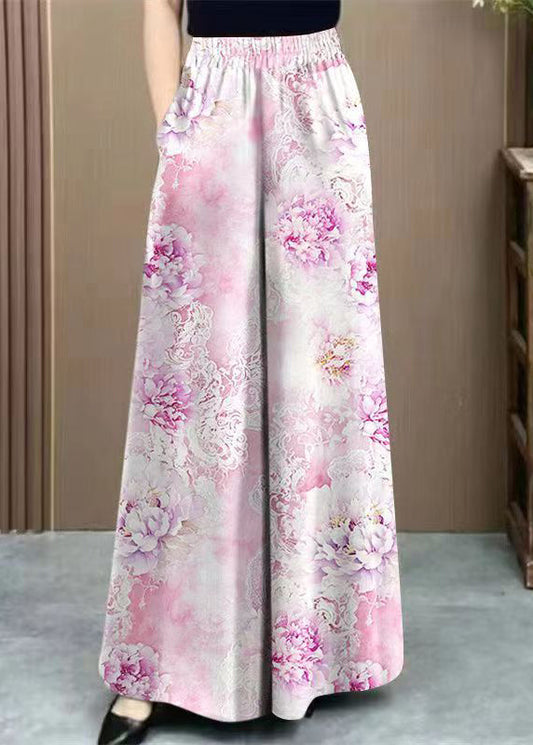 Art Pink Pockets High Waist Silk Wide Leg Pants Summer