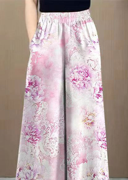Art Pink Pockets High Waist Silk Wide Leg Pants Summer