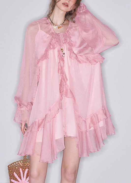 Art Pink Ruffled  Lace Up Chiffon Two-Piece Set Butterfly Sleeve