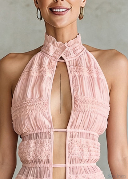 Art Pink Ruffled Hollow Out Lace Up Cotton Tank Sleeveless