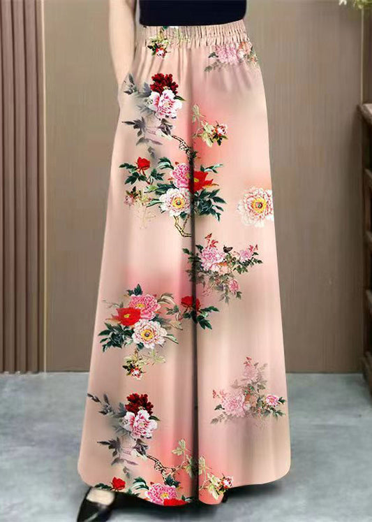 Art Pink Tie Dye Pockets Cotton Wide Leg Pants Elastic Waist