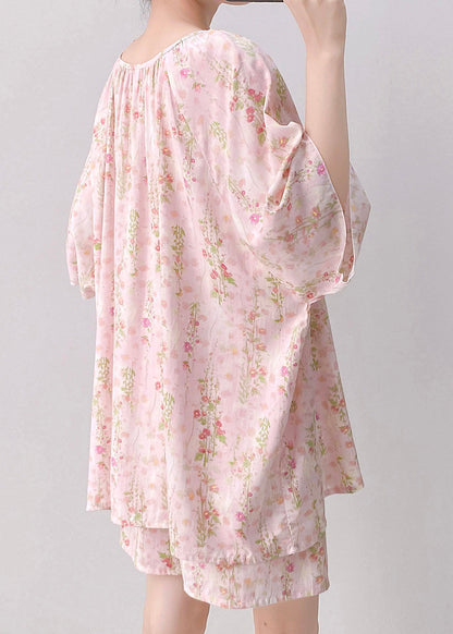 Art Pink Tie Lace Top And Shorts Pajama Set Summer