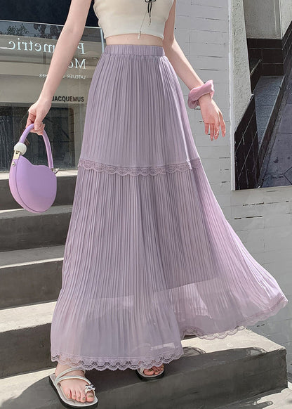 Art Purple High Waist Patchwork Lace Wrinkled Chiffon Skirts Summer