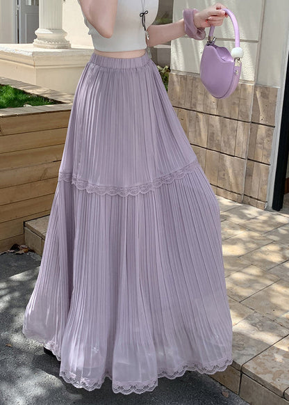 Art Purple High Waist Patchwork Lace Wrinkled Chiffon Skirts Summer