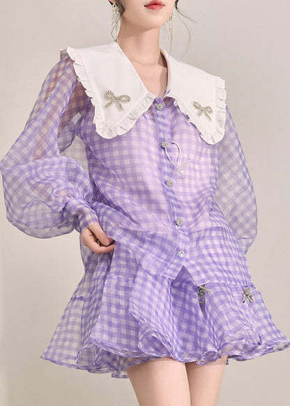 Art Purple Plaid Button Tulle Shirts And Shorts Two Pieces Set Fall