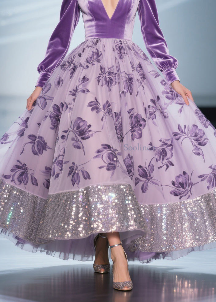 Art Purple Print Tulle Patchwork Silk Velvet Exra Large Hem Dress Spring